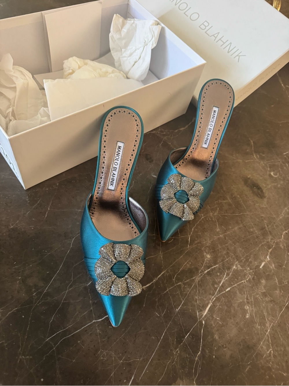 Manolo Blahnik Teal Satin Pointed Slip-On Mules with Crystal Flower
